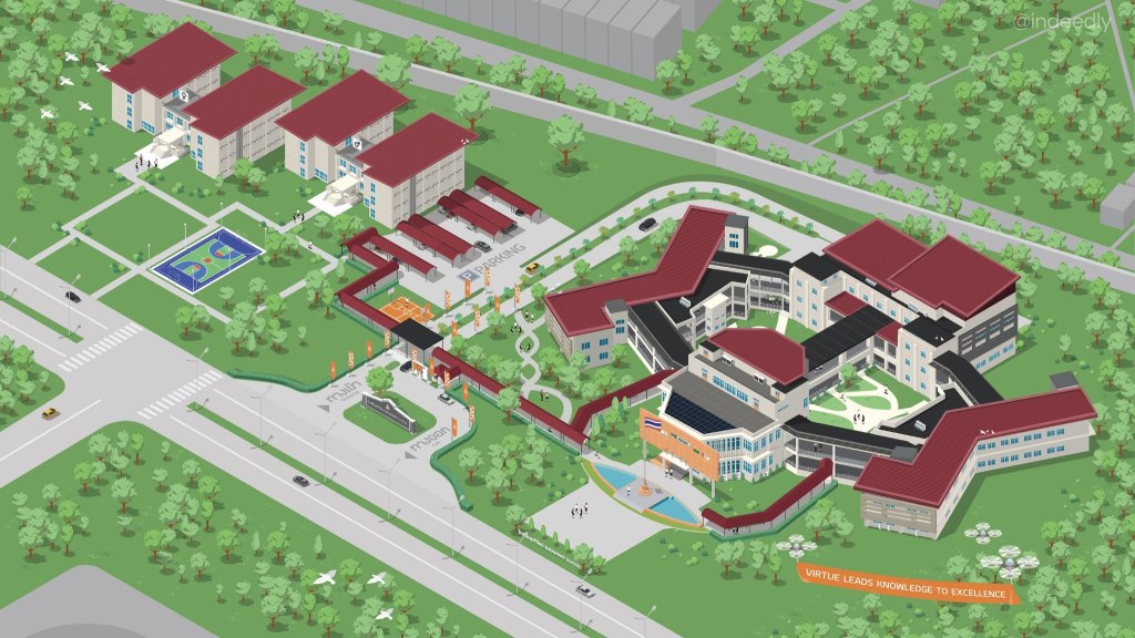 Isometric 3D map illustration of Surawiwat School, Suranaree University of Technology (SUT) campus layout and buildings