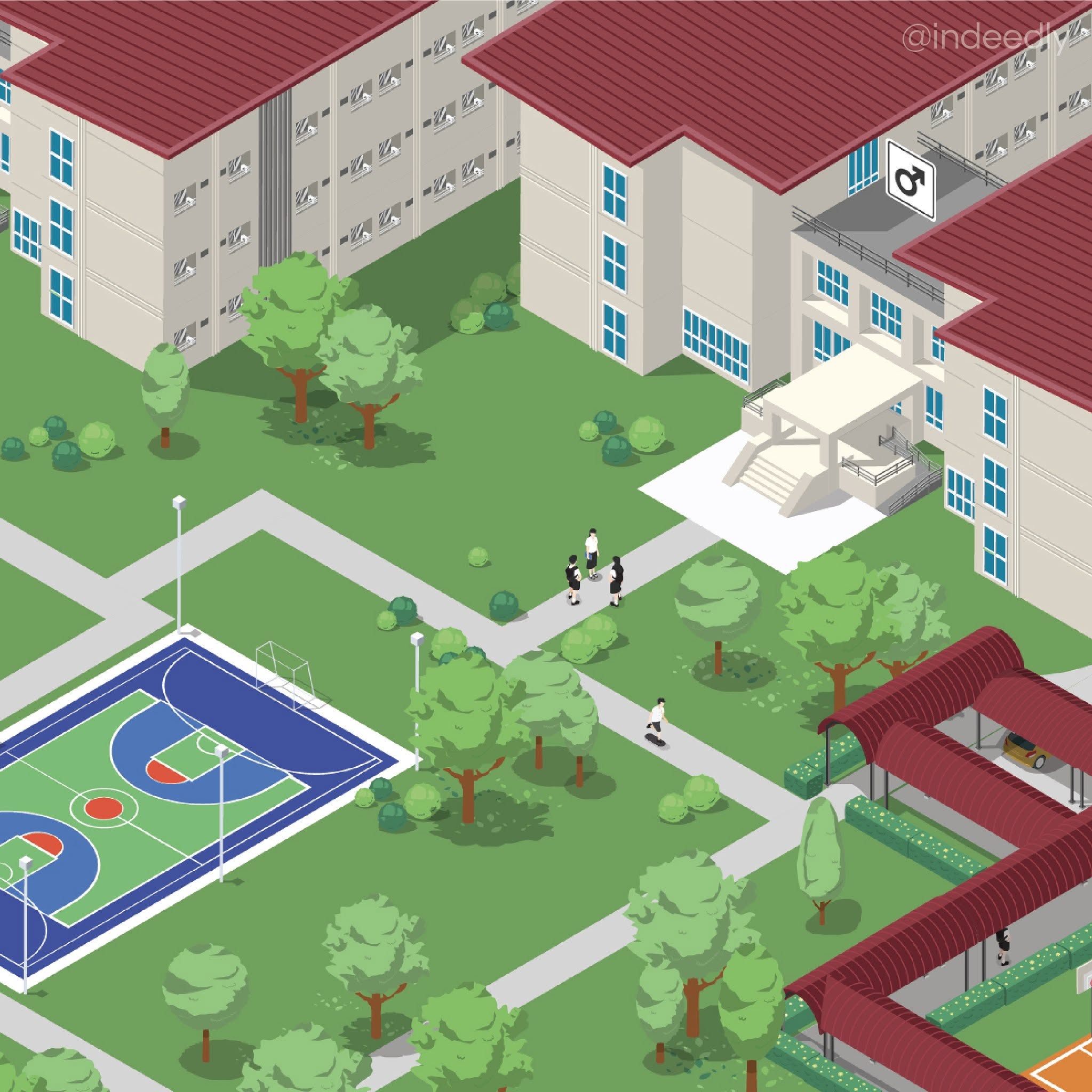 Isometric 3D map illustration of Surawiwat School, Suranaree University of Technology (SUT) campus layout and buildings