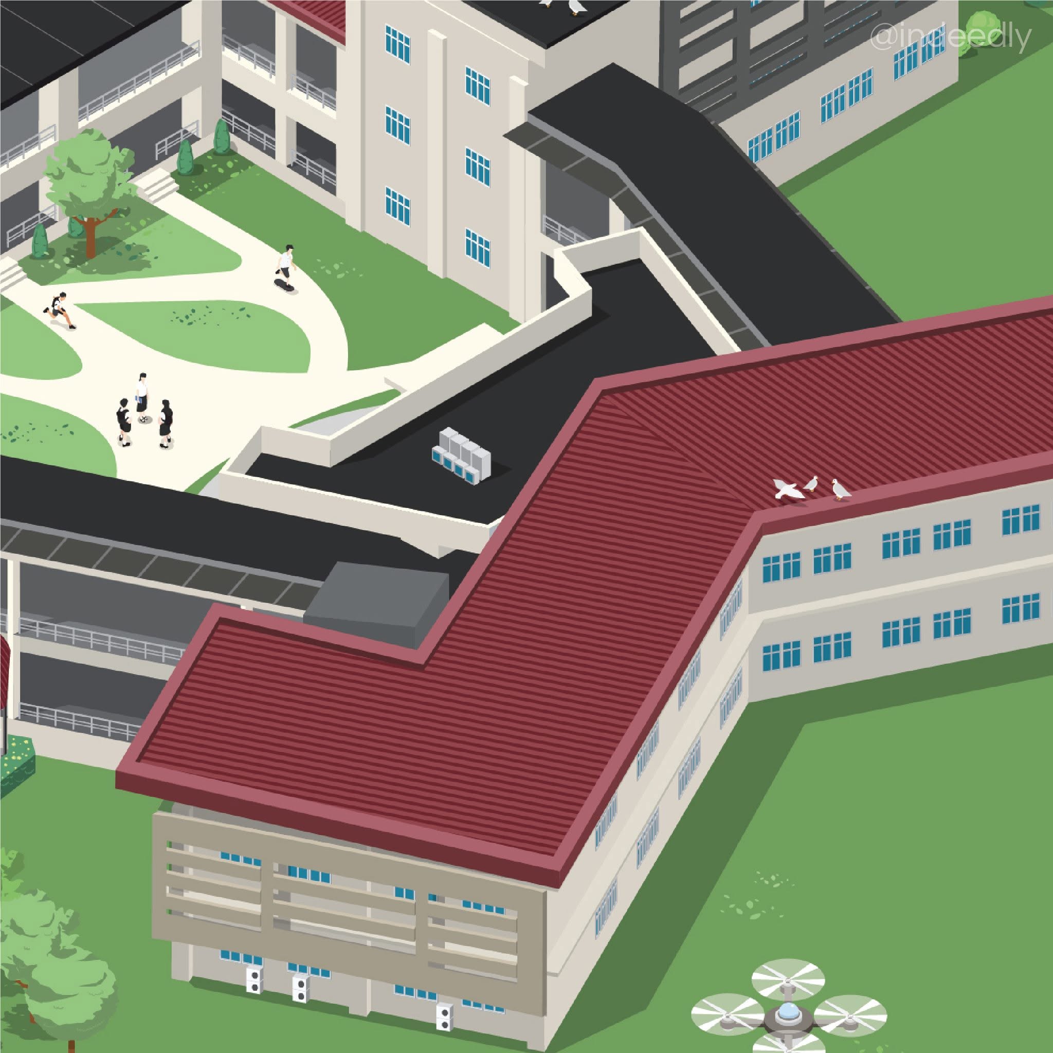 Isometric 3D map illustration of Surawiwat School, Suranaree University of Technology (SUT) campus layout and buildings