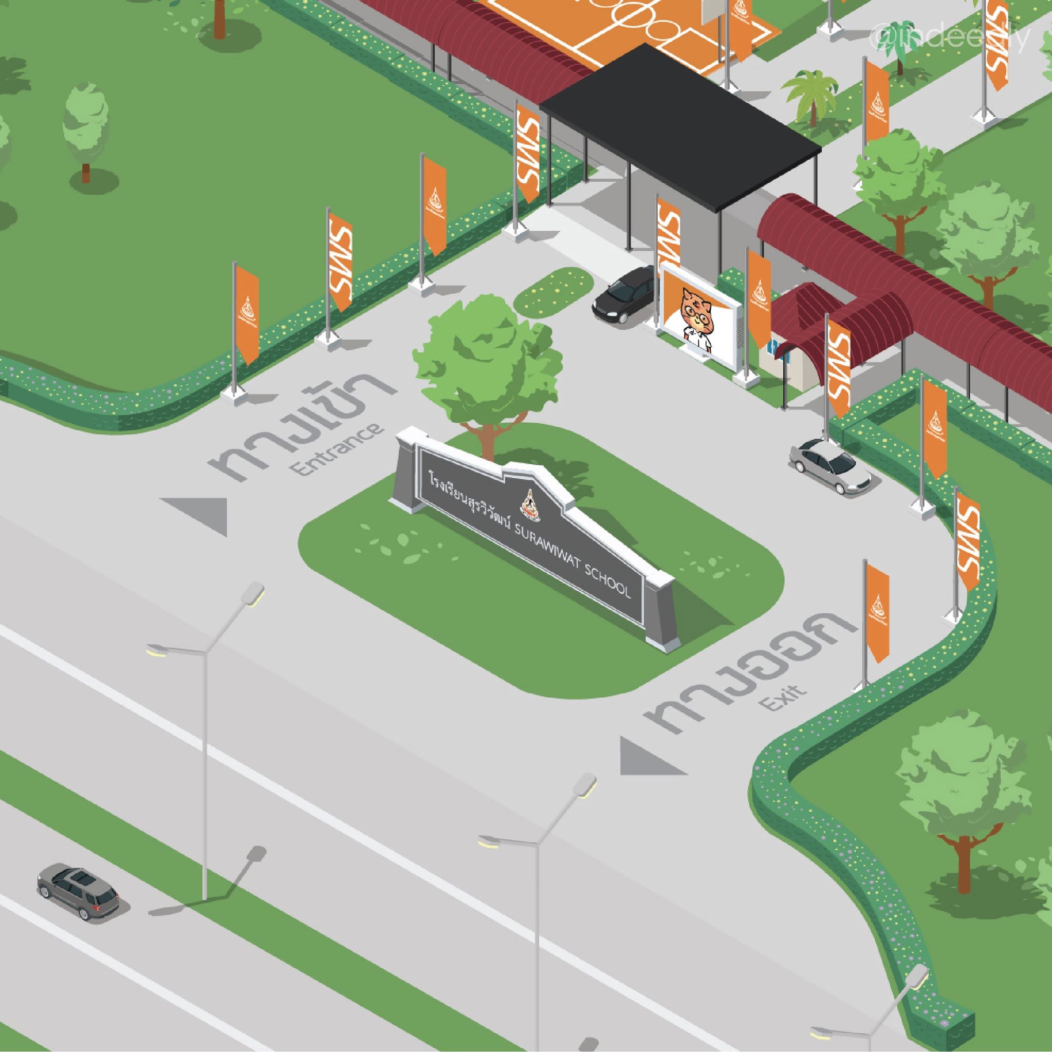 Isometric 3D map illustration of Surawiwat School, Suranaree University of Technology (SUT) campus layout and buildings