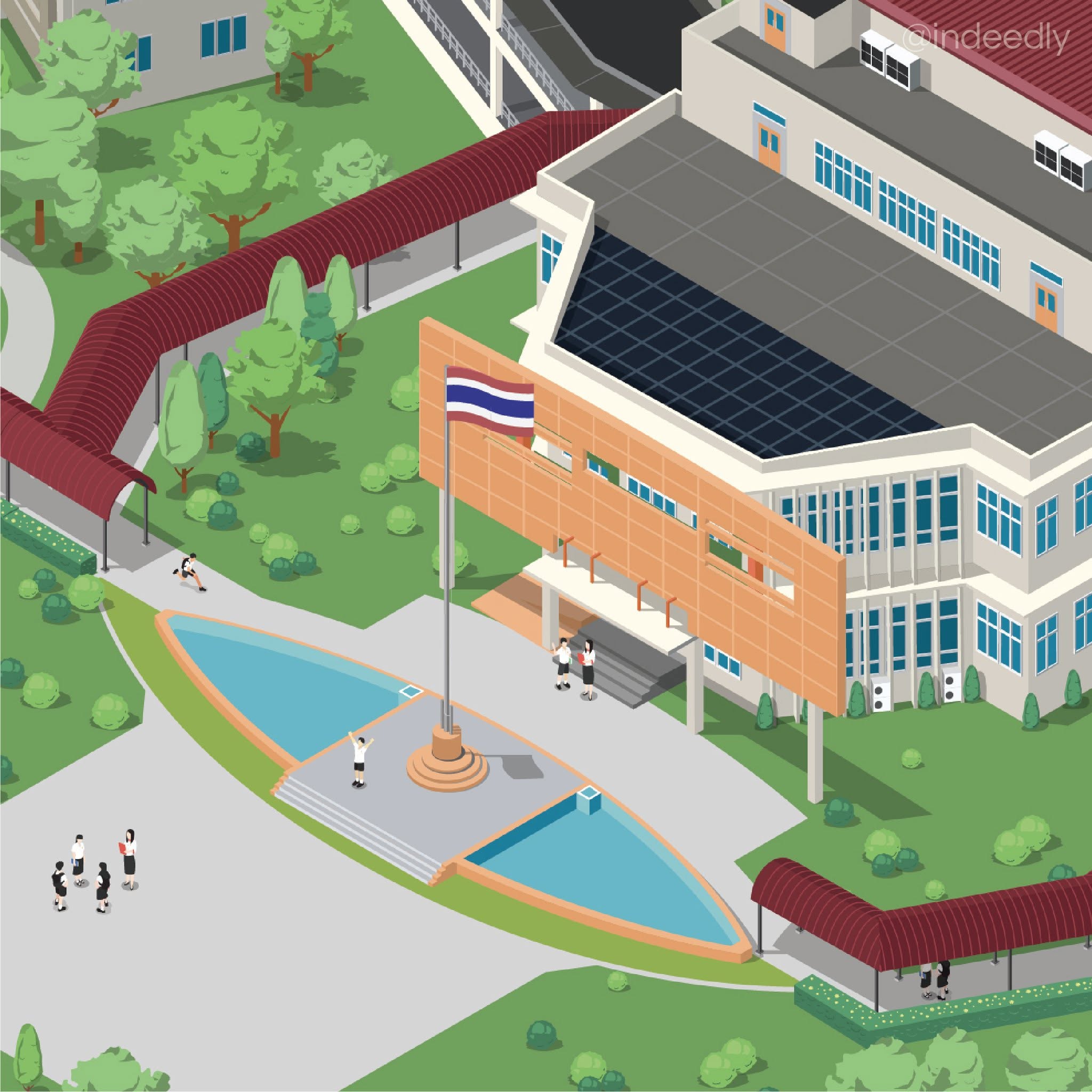 Isometric 3D map illustration of Surawiwat School, Suranaree University of Technology (SUT) campus layout and buildings