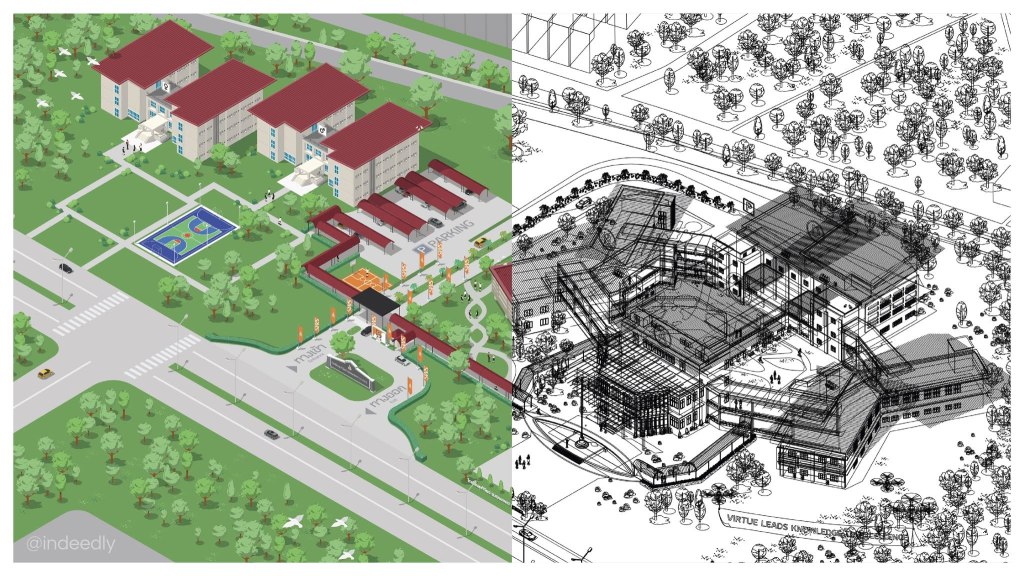 Isometric 3D map illustration of Surawiwat School, Suranaree University of Technology (SUT) campus layout and buildings