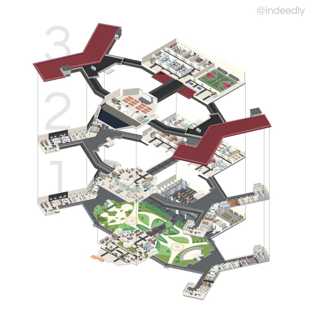 Isometric 3D map illustration of Surawiwat School, Suranaree University of Technology (SUT) campus layout and buildings