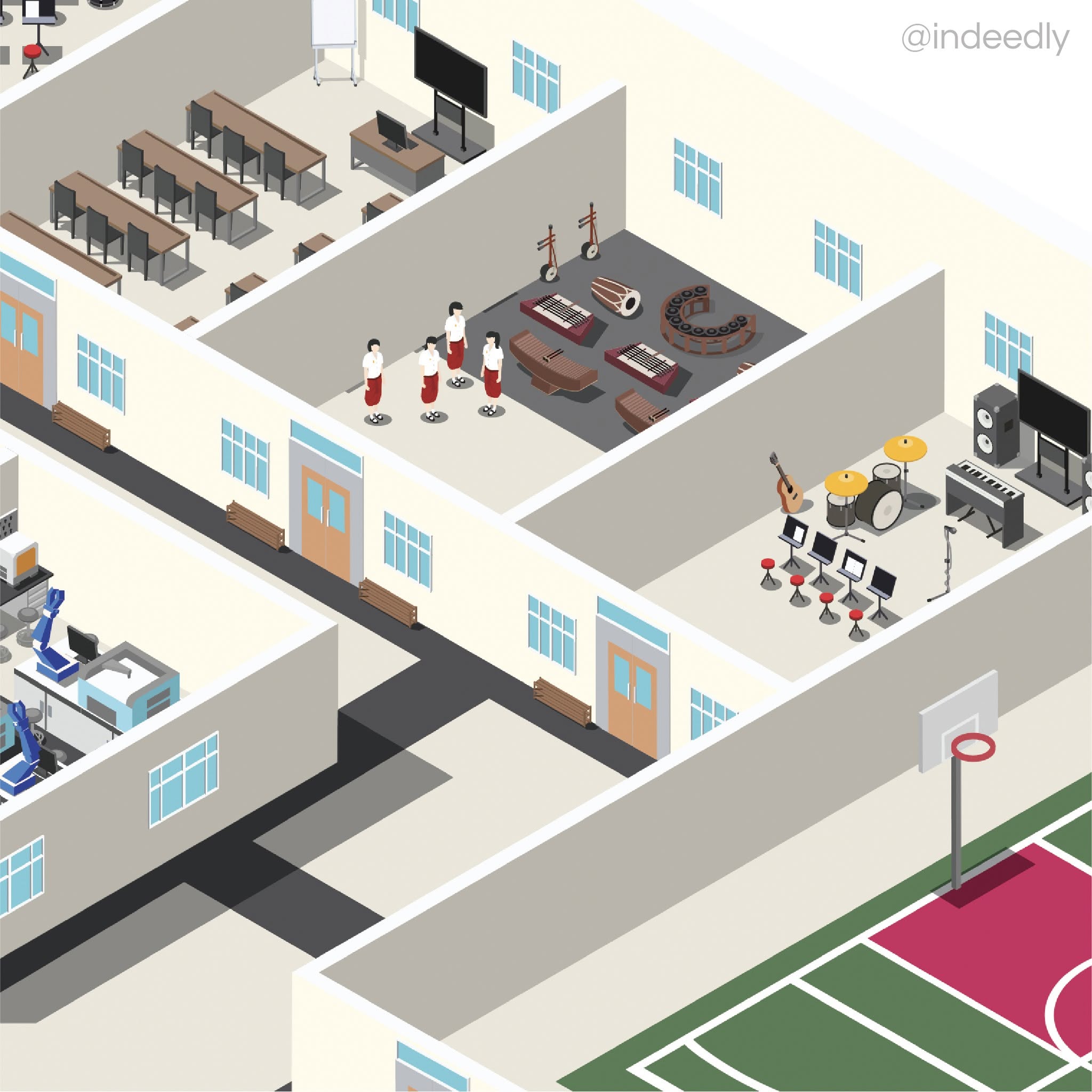 Isometric 3D map illustration of Surawiwat School, Suranaree University of Technology (SUT) campus layout and buildings