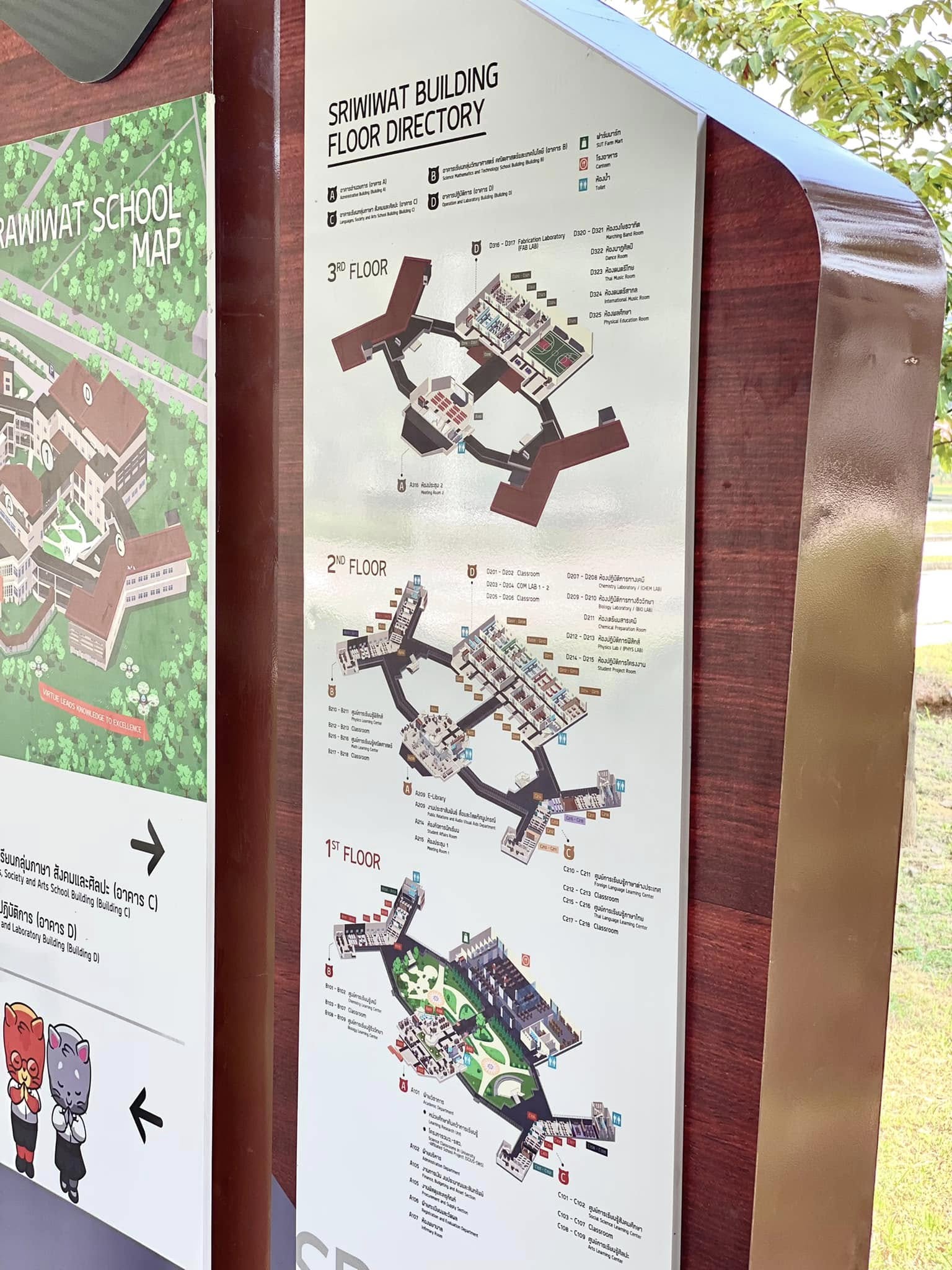 Outdoor wayfinding directory sign with 3D isometric campus map and building floor directory at Surawiwat School, Suranaree University of Technology (SUT)