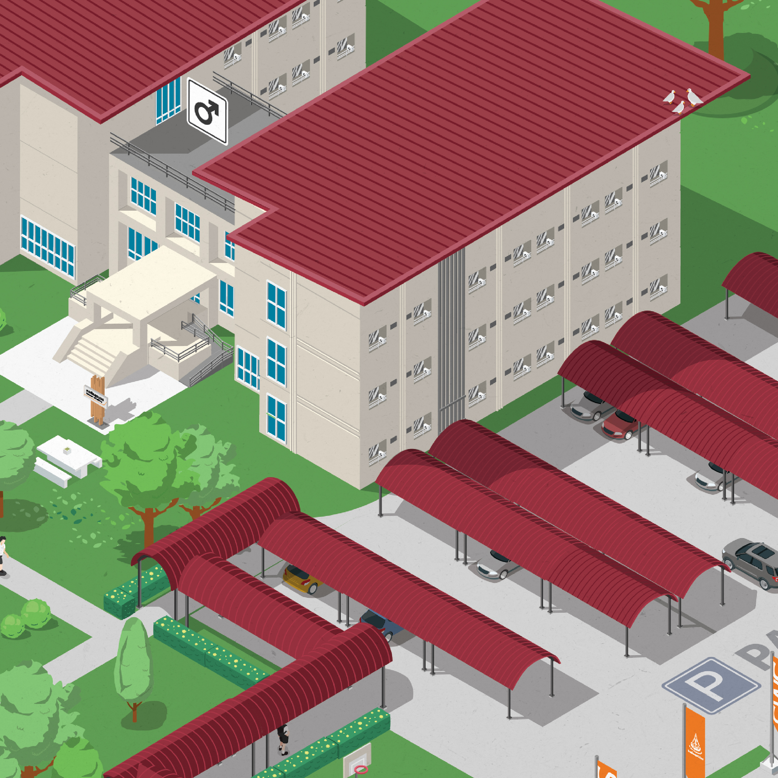 3D isometric illustration of Surawiwat School dormitory facilities at Suranaree University of Technology (SUT), showing student accommodation buildings, living spaces, and surrounding amenities.