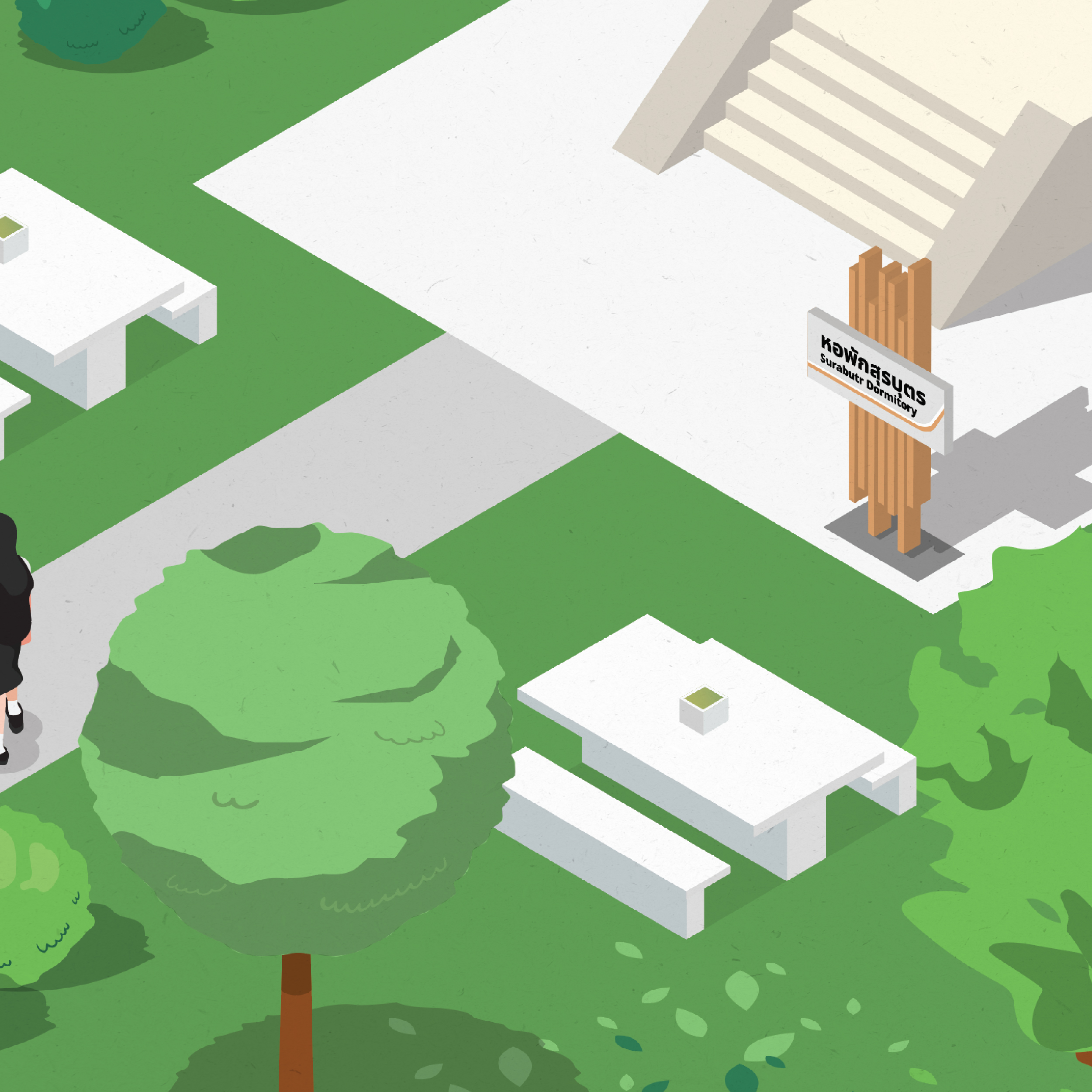 3D isometric illustration of Surawiwat School dormitory facilities at Suranaree University of Technology (SUT), showing student accommodation buildings, living spaces, and surrounding amenities.