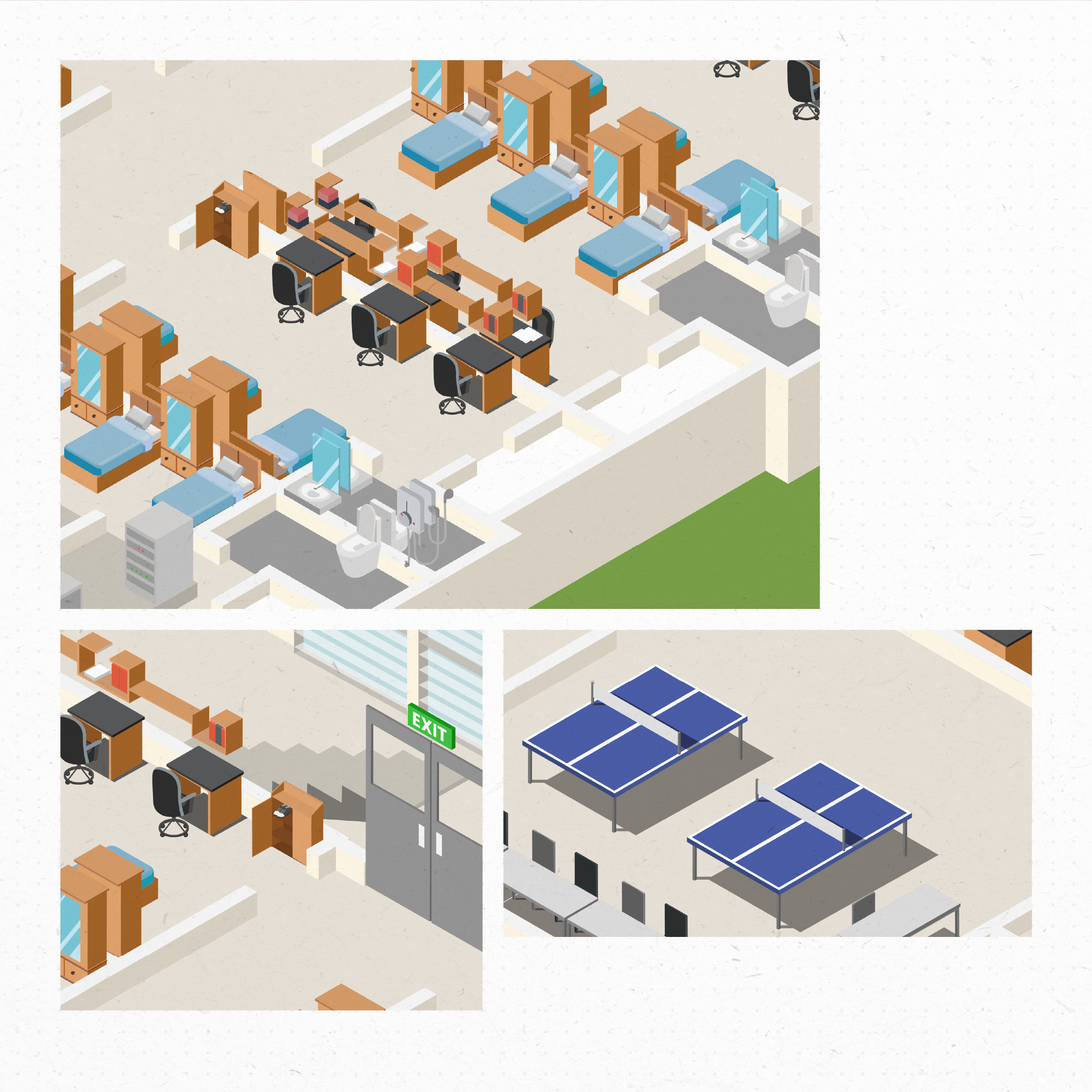3D isometric illustration of Surawiwat School dormitory facilities at Suranaree University of Technology (SUT), showing student accommodation buildings, living spaces, and surrounding amenities.