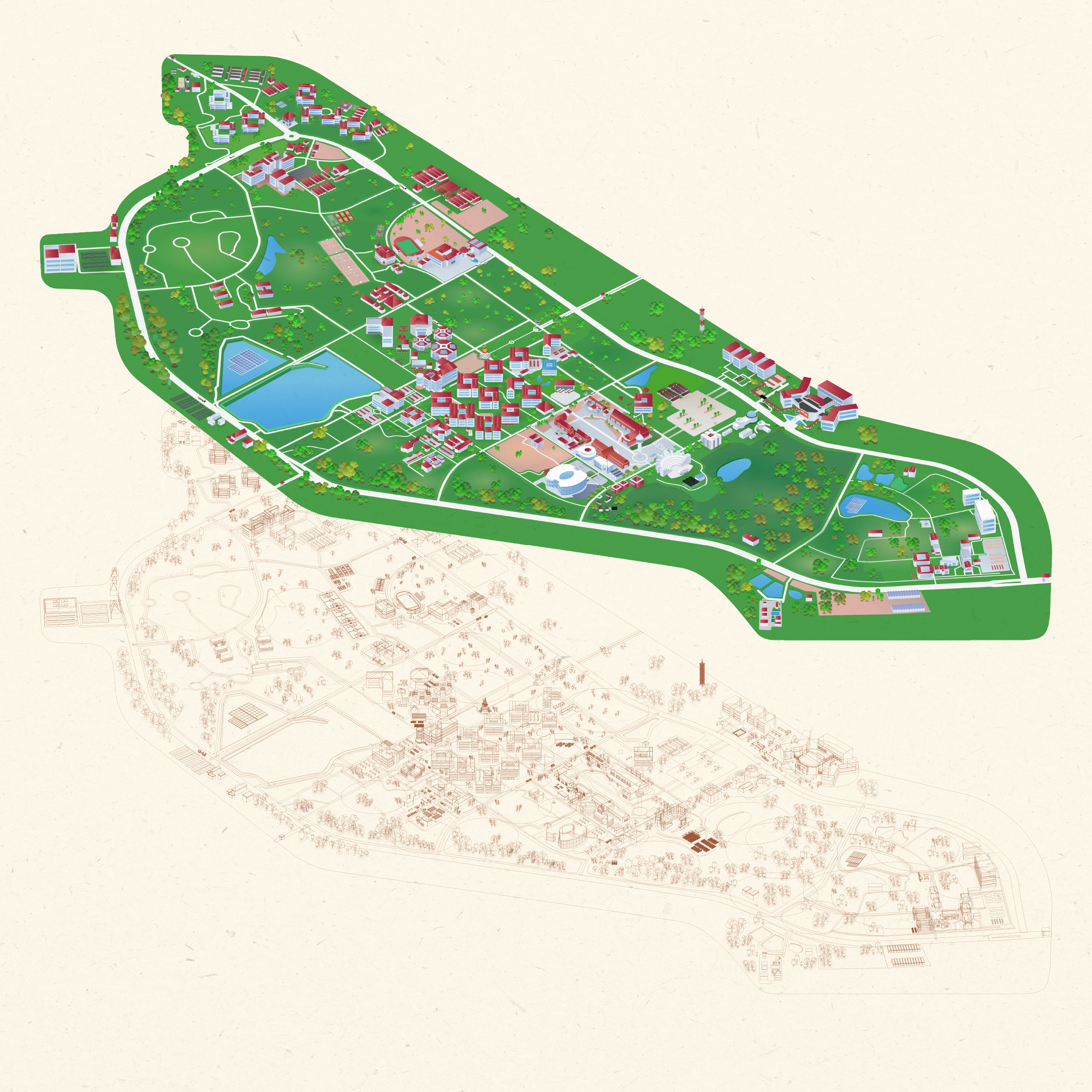 3D isometric map illustrating the location of Surawiwat School situated within the Suranaree University of Technology (SUT) campus in Nakhon Ratchasima, Thailand.