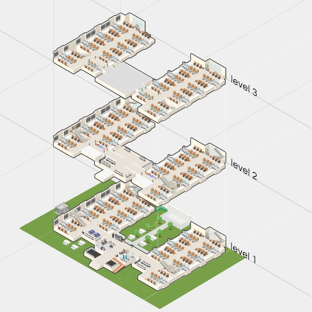 3D isometric illustration of Surawiwat School dormitory facilities at Suranaree University of Technology (SUT), showing student accommodation buildings, living spaces, and surrounding amenities.